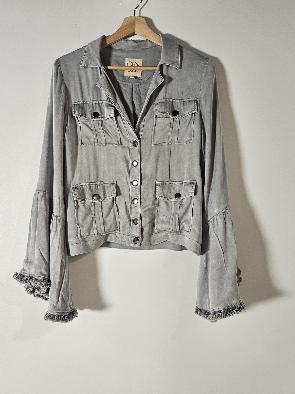 Chaser Gray Bell Sleeve Fringe Jacket Button Down Size Small